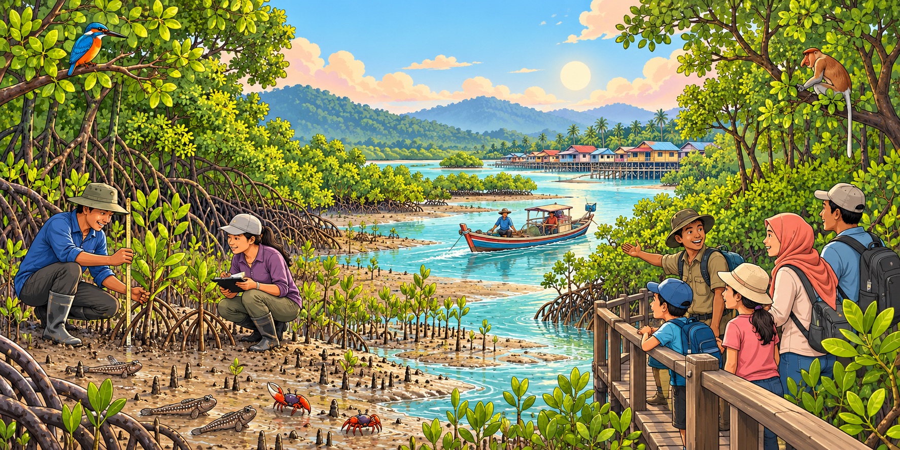 An illustration of Southeast Asia’s mangroves, where wildlife, coastal livelihoods and community conservation thrive among tangled roots and tidal waterways.