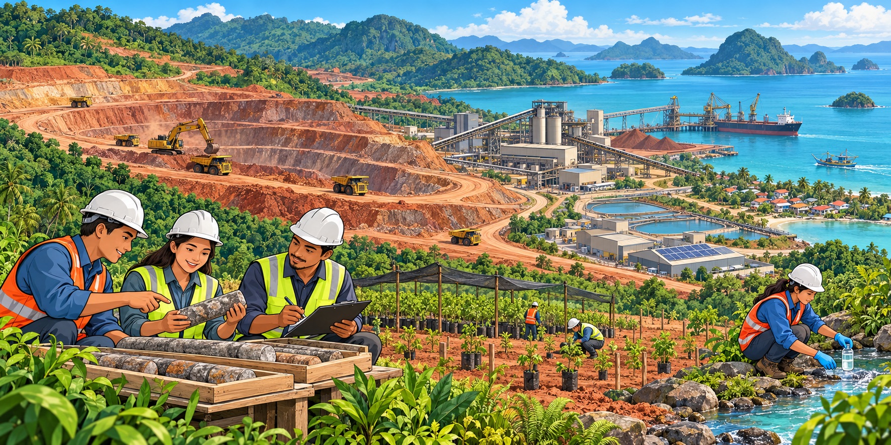 An illustration of Southeast Asia’s mineral industries, connecting local livelihoods, skilled workers and environmental stewardship.