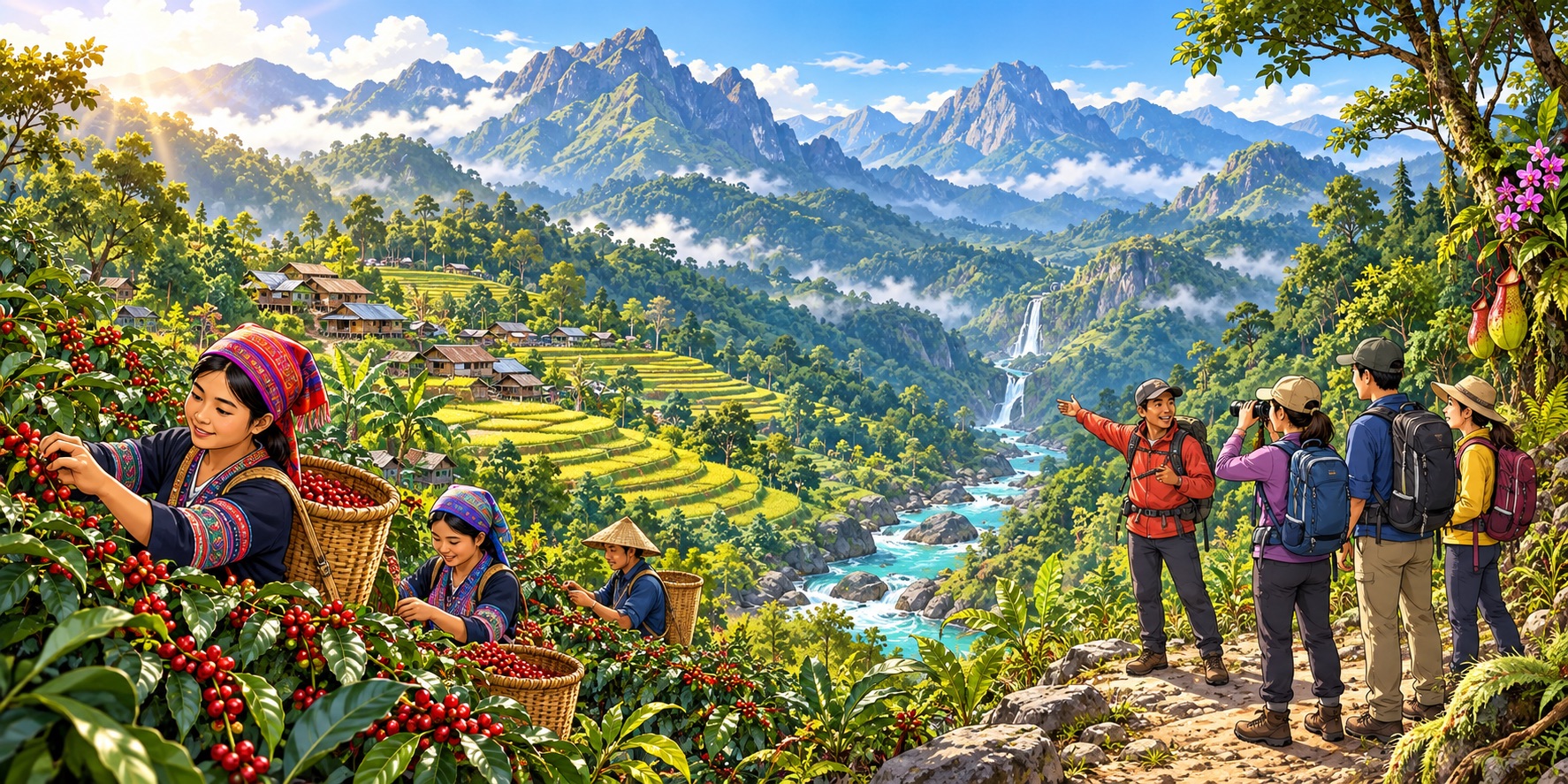 An illustration of Southeast Asia’s mountain landscapes, where highland farming, rich biodiversity and responsible tourism sustain local communities.