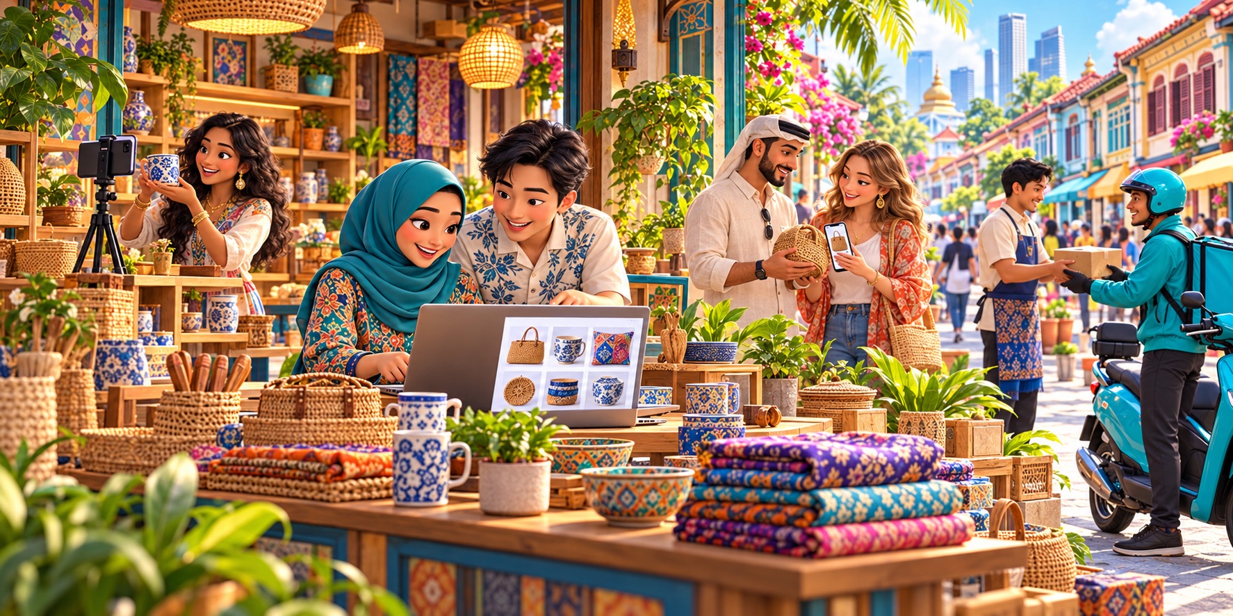 An illustration of Southeast Asia’s multicultural marketplace, where digital shopping, video creators and delivery services connect businesses with customers.