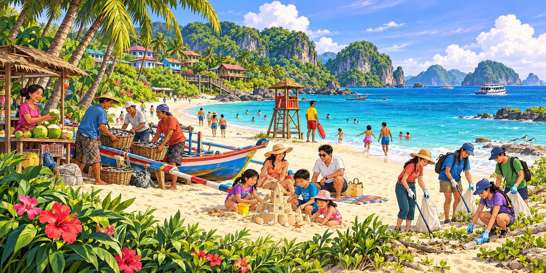 An illustration of Southeast Asia’s vibrant beaches, where coastal livelihoods, responsible tourism and community conservation come together.