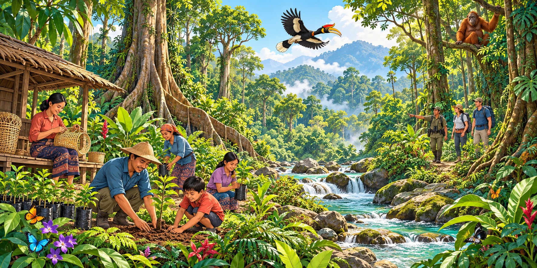 An illustration of Southeast Asia’s vibrant forests, where community livelihoods, wildlife conservation and responsible tourism flourish together.