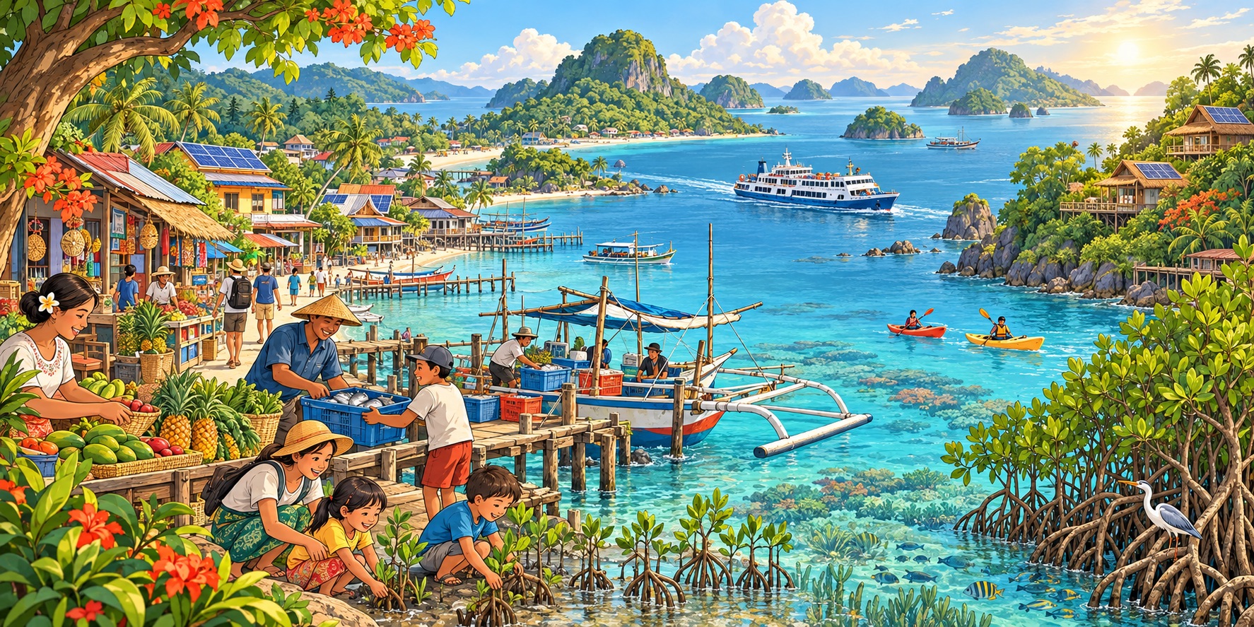 An illustration of Southeast Asia’s vibrant island communities, connected by sea and sustained through tourism, clean energy and coastal conservation.