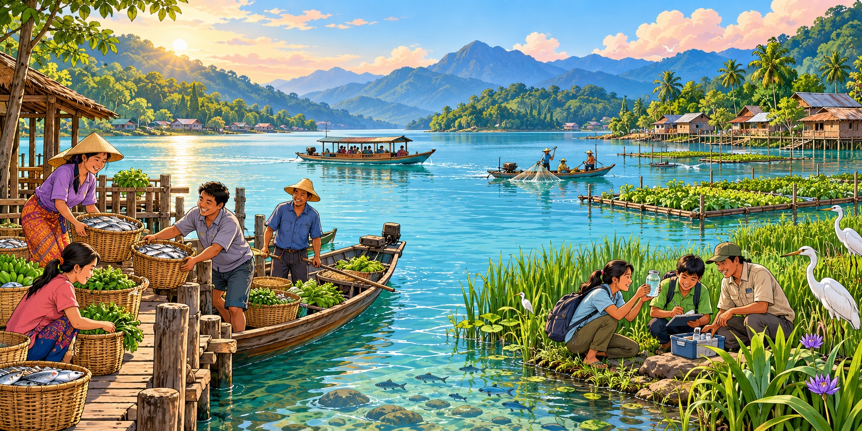 An illustration of Southeast Asia’s vibrant lakeside communities, where fishing, farming and boat travel connect livelihoods, culture and conservation.