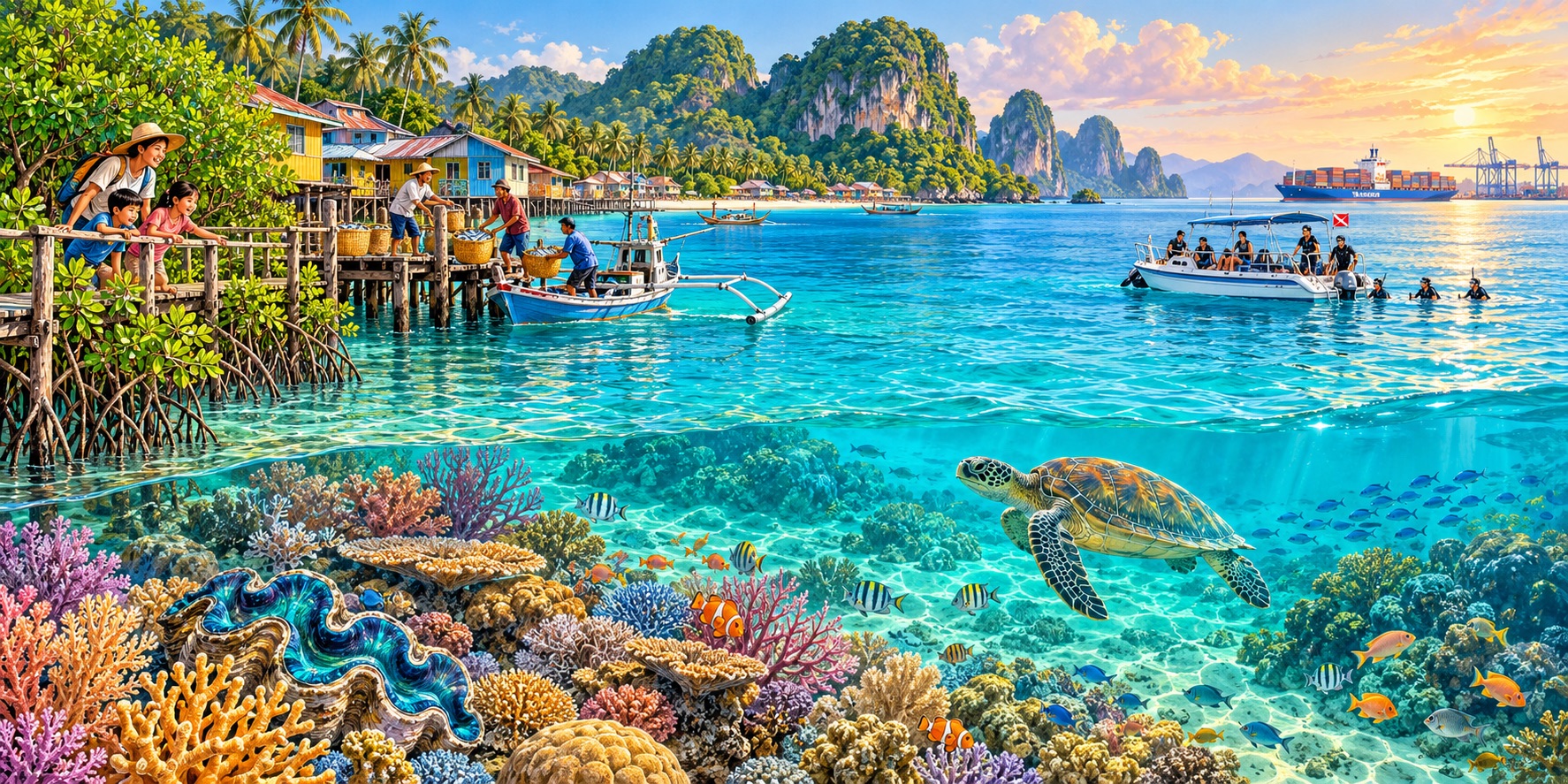 An illustration of Southeast Asia’s vibrant marine life, coastal communities and maritime trade, highlighting the ocean’s role in sustaining livelihoods and biodiversity.