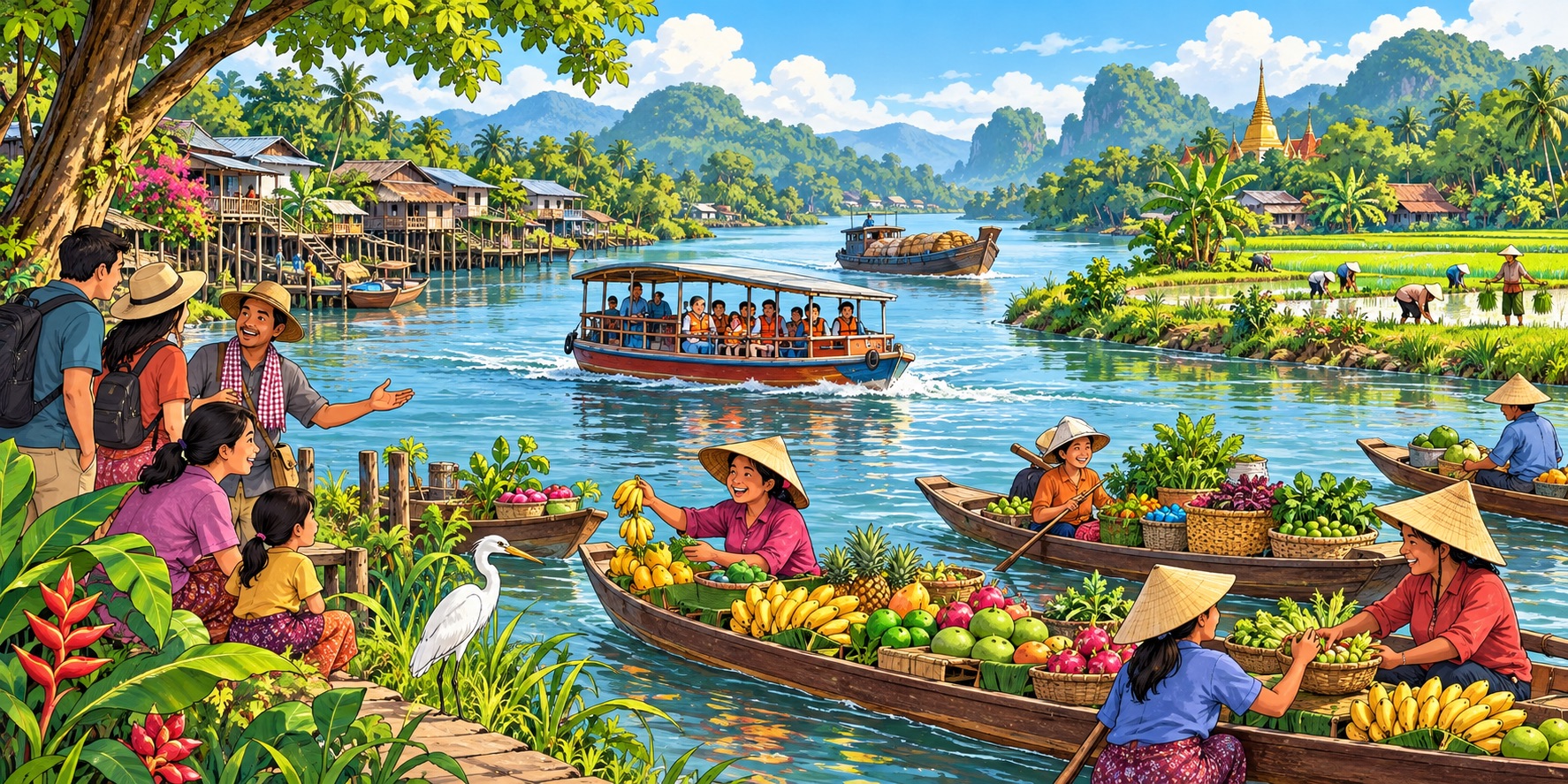 An illustration of Southeast Asia’s vibrant river life, where floating markets, farming and boat travel connect communities, livelihoods and living heritage.