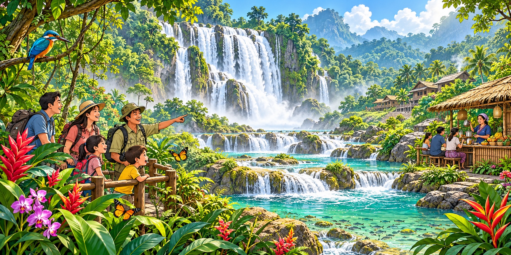 An illustration of Southeast Asia’s waterfalls, where lush forests, local livelihoods and nature tourism meet.