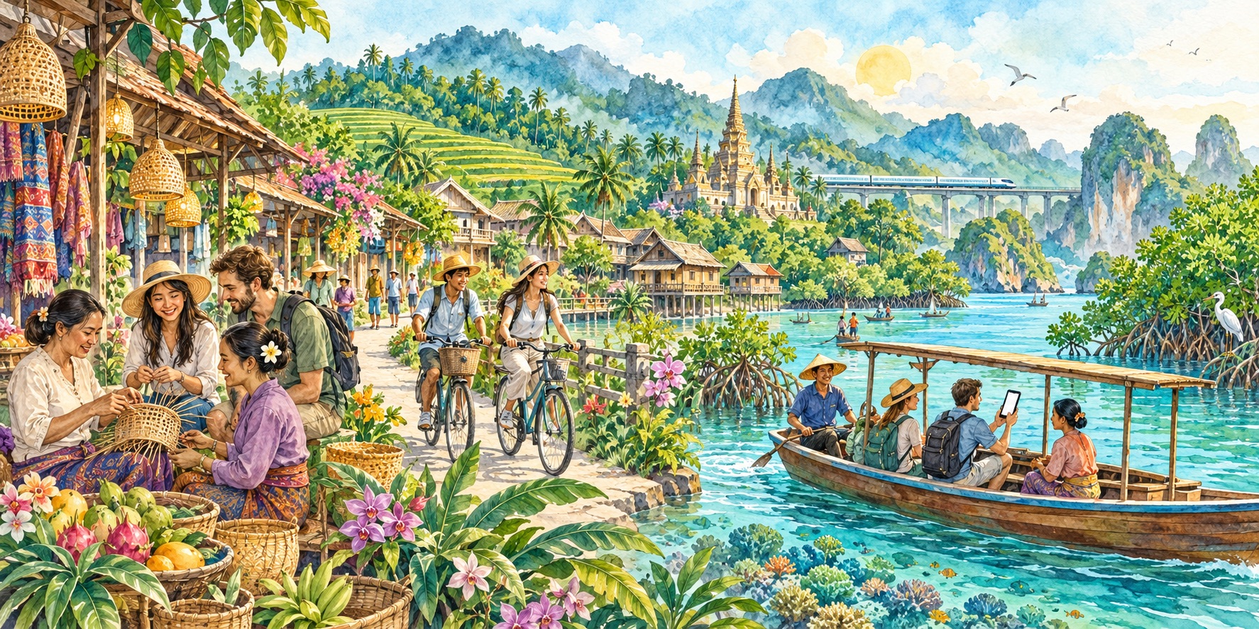 An illustration of Sustainable tourism connects Southeast Asias cultures and landscapes while supporting local communities