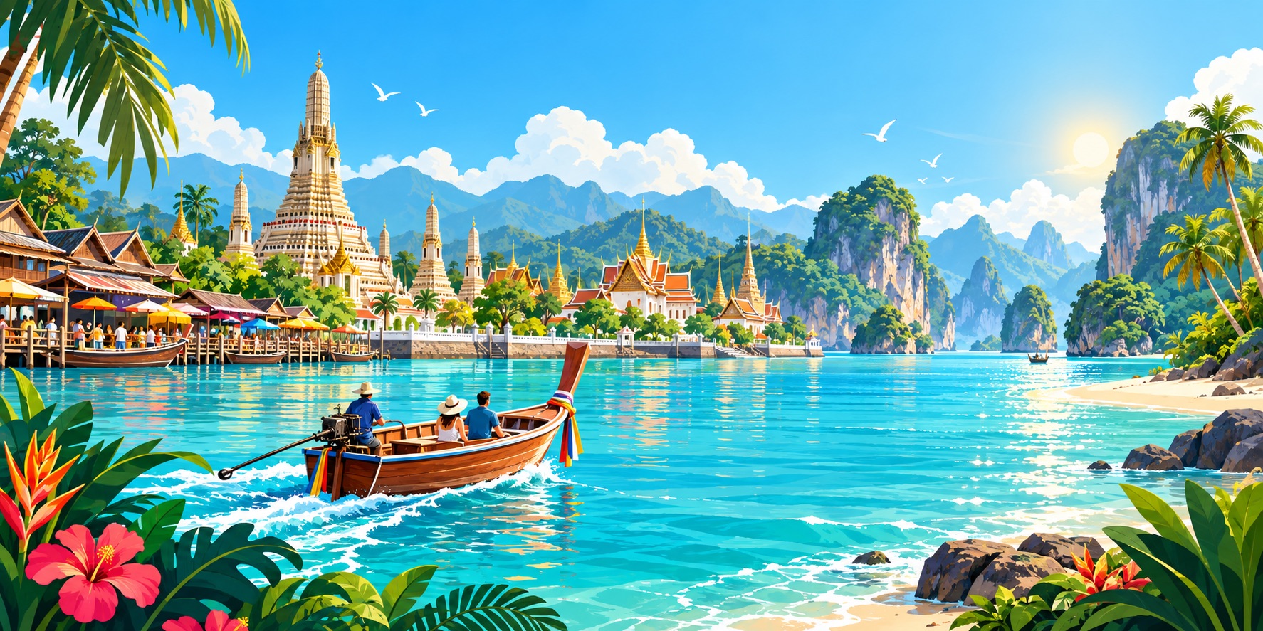 An illustration of Thailand’s vibrant travel landscape, where golden temples, waterfront culture, turquoise waters and dramatic limestone karsts create one unforgettable journey.
