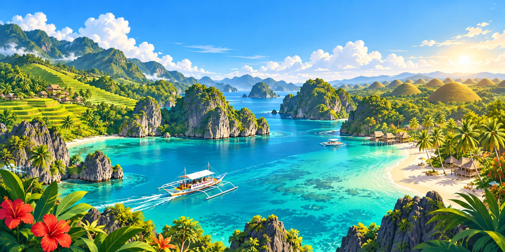 An illustration of the Philippines’ vibrant tourism landscape, bringing together turquoise lagoons, limestone islands, tropical beaches, rice terraces and the iconic Chocolate Hills.