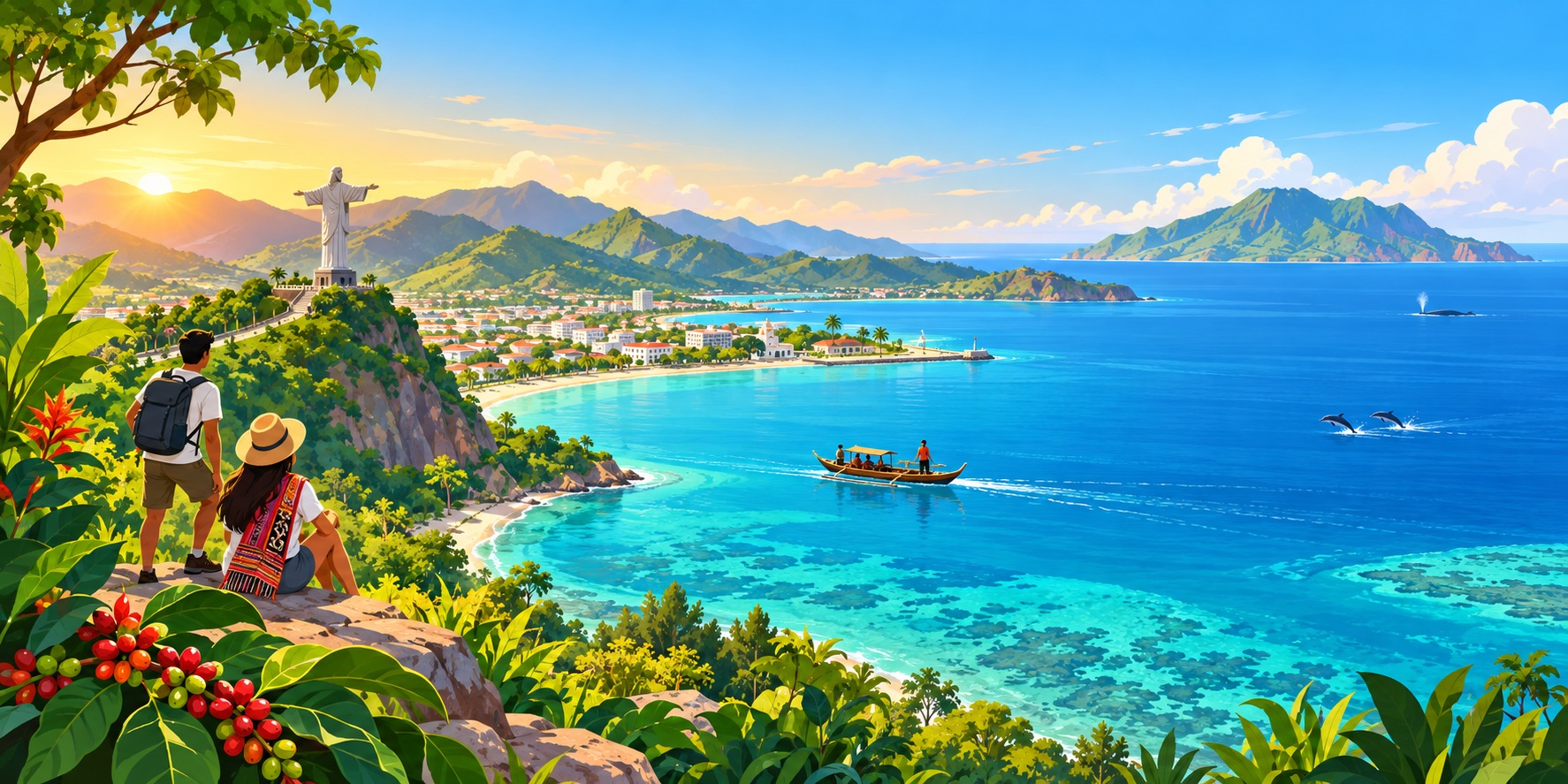 An illustration of Timor-Leste’s vibrant coastline, where Cristo Rei overlooks turquoise waters, traditional boats, lush mountains and Ataúro Island.