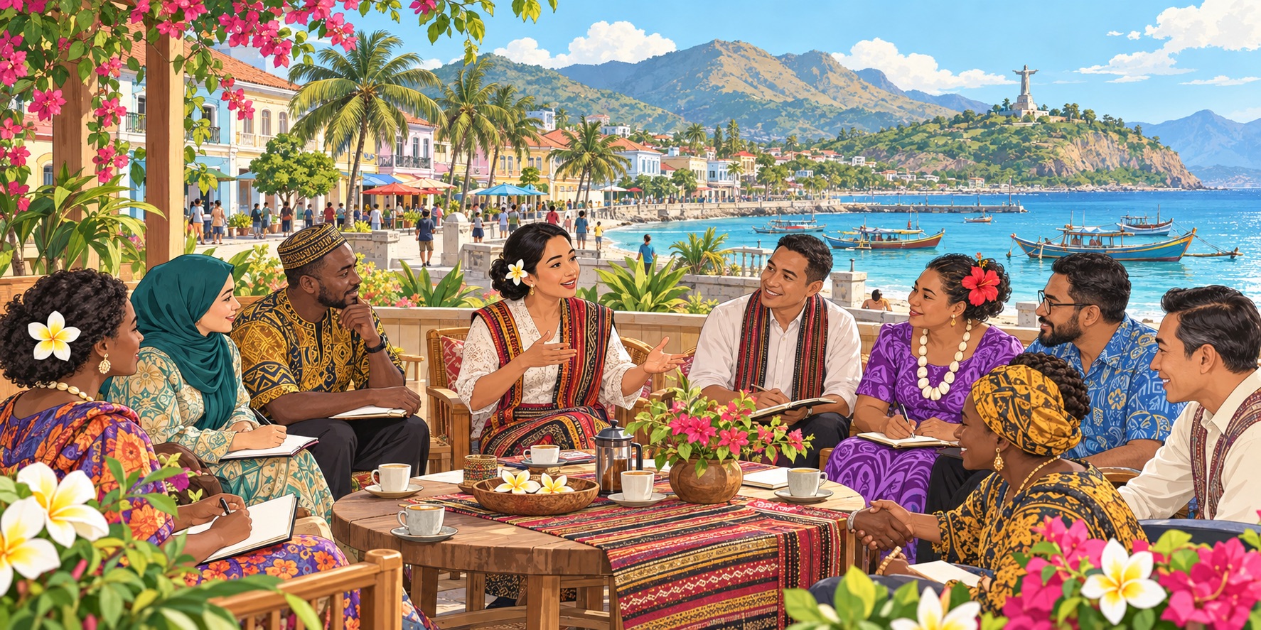An illustration of Timorese hosts and international partners exchanging ideas in Dili, reflecting the g7+’s commitment to peacebuilding, shared learning and locally led recovery in conflict-affected countries.