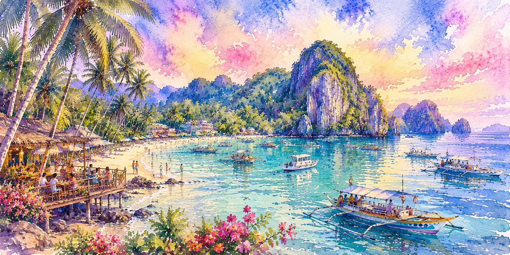 Traditional bangka boats glide past Palawan’s limestone cliffs, capturing the Philippines’ enduring connection to its turquoise seas and maritime heritage.
