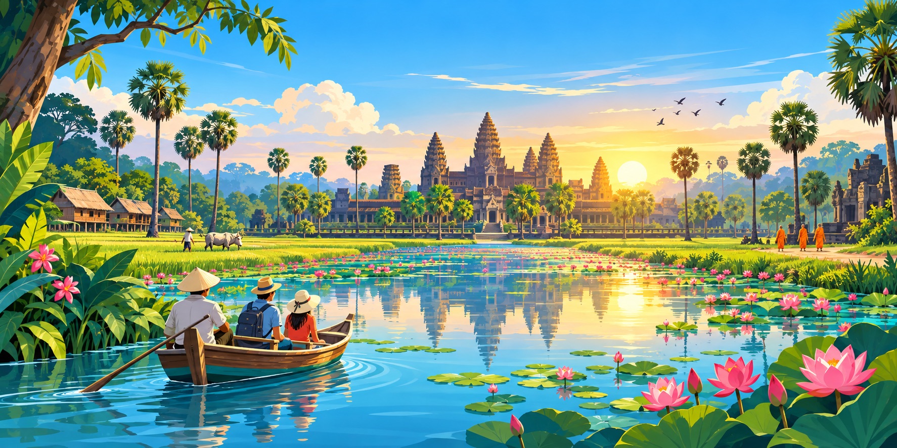 An illustration of travellers approaching Angkor Wat through Cambodia’s vibrant tropical landscape and lotus-filled waterways.