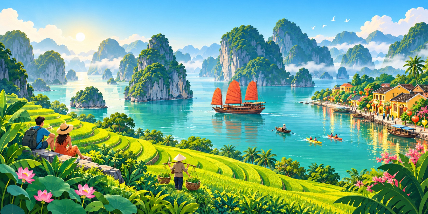 An illustration of Vietnam’s vibrant landscapes, blending Ha Long Bay’s limestone karsts with green rice terraces, traditional boats and lantern-lit riverside heritage.