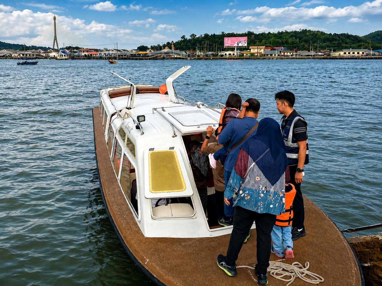 Visitors boarding a Brunei River cruise boat with Kampong Ayer in the background