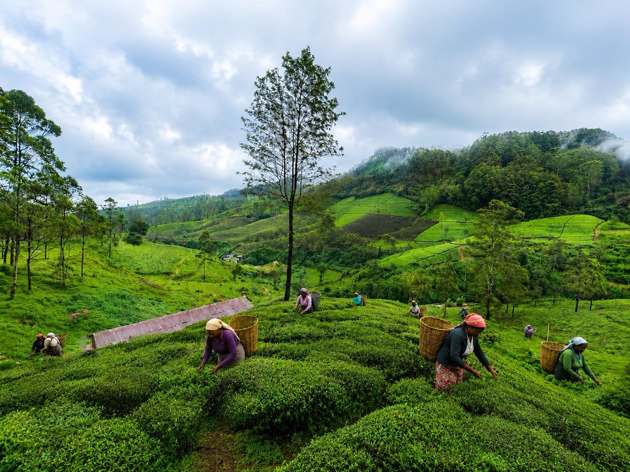 Tea farmers seen from Edinburgh Estate Tea Train in Nanuoya Sri Lanka (Reiza/Seasia, AI-enhanced)