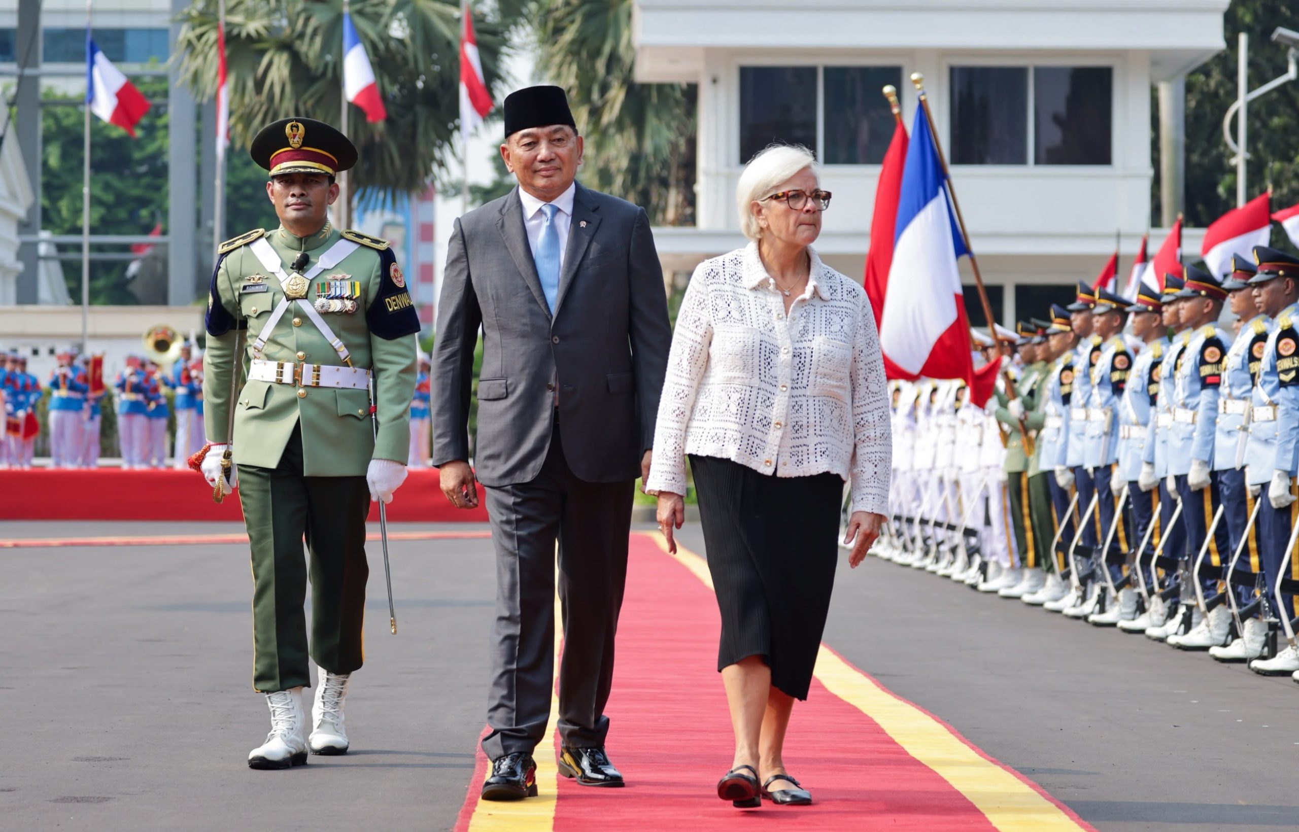 Indonesian Defence Minister Sjafrie Sjamsoeddin welcomes French Minister for the Armed Forces and Veterans Catherine Vautrin in Jakarta on September 23, 2026.
