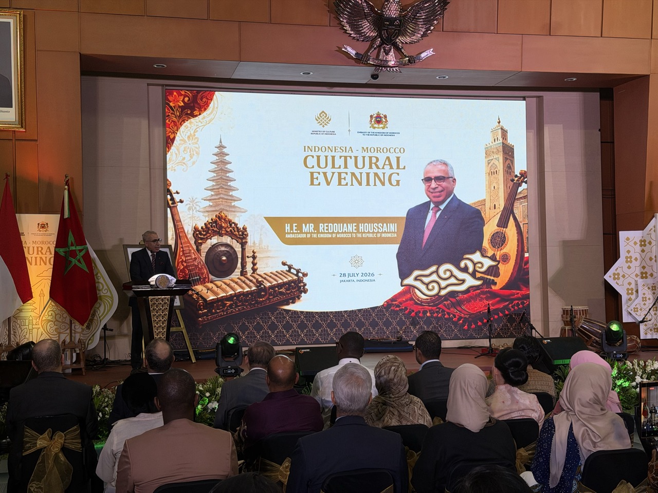 Moroccan Ambassador Redouane Houssaini delivers his opening remarks at the Indonesia–Morocco Cultural Evening in Jakarta