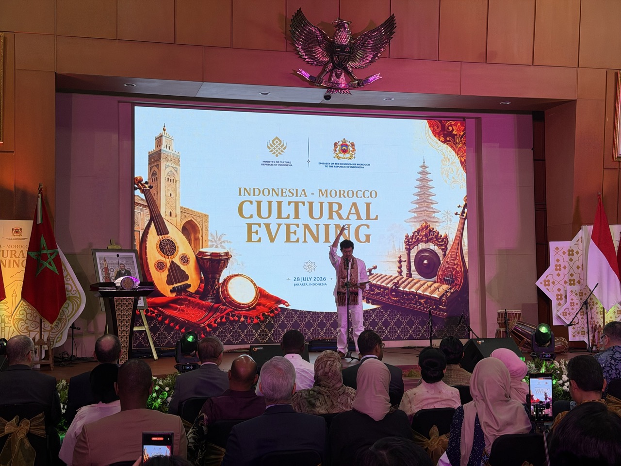 Indonesian poet Peri Sandi Huizche opens the Cultural Evening with Taufiq Ismail’s verses celebrating Indonesia–Morocco friendship