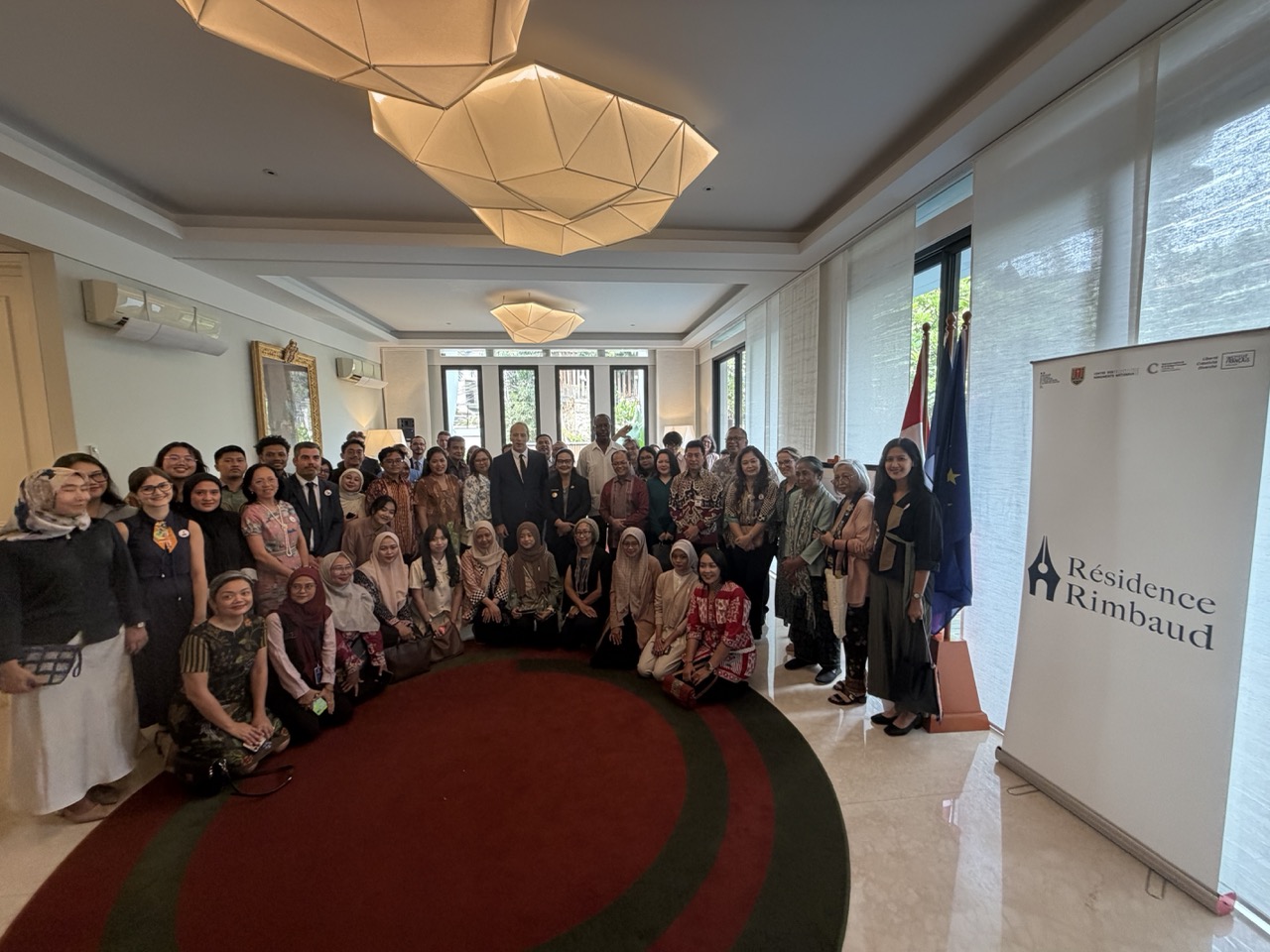 French Ambassador Fabien Penone, writer Louis-Philippe Dalembert, Semarang Mayor Agustina Wilujeng Pramestuti and guests gather for the Rimbaud Residency launch and luncheon reception at the French Ambassador’s residence in Jakarta