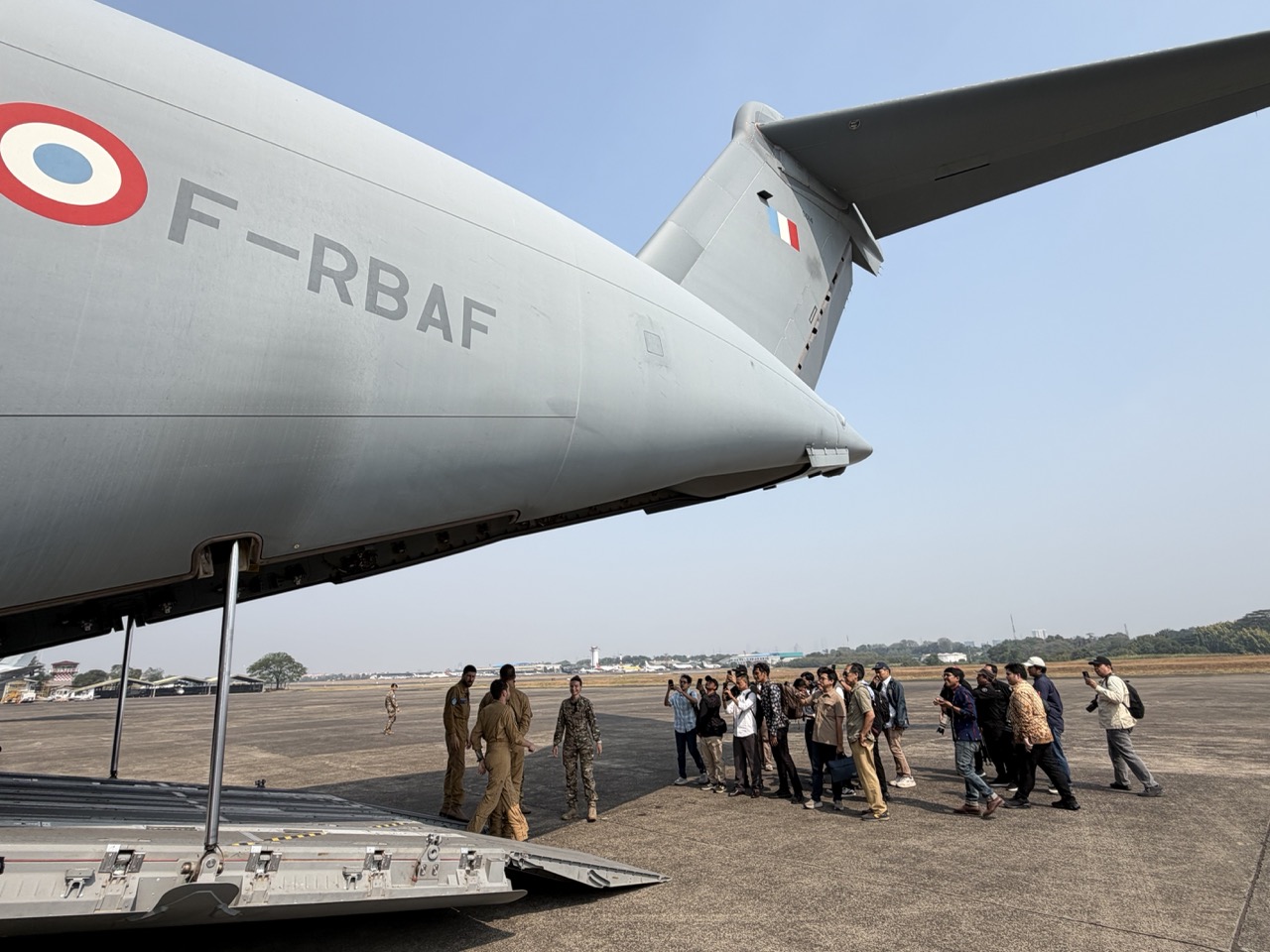 Journalists tour a French Air and Space Force A400M Atlas during the PEGASE 2026 Media Day at Halim Perdanakusuma Air Base in Jakarta.