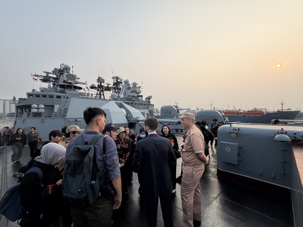 Visitors meet Russian naval personnel aboard a Pacific Fleet warship during Open Ship Day at Tanjung Priok, Jakarta, on October 2, 2026.