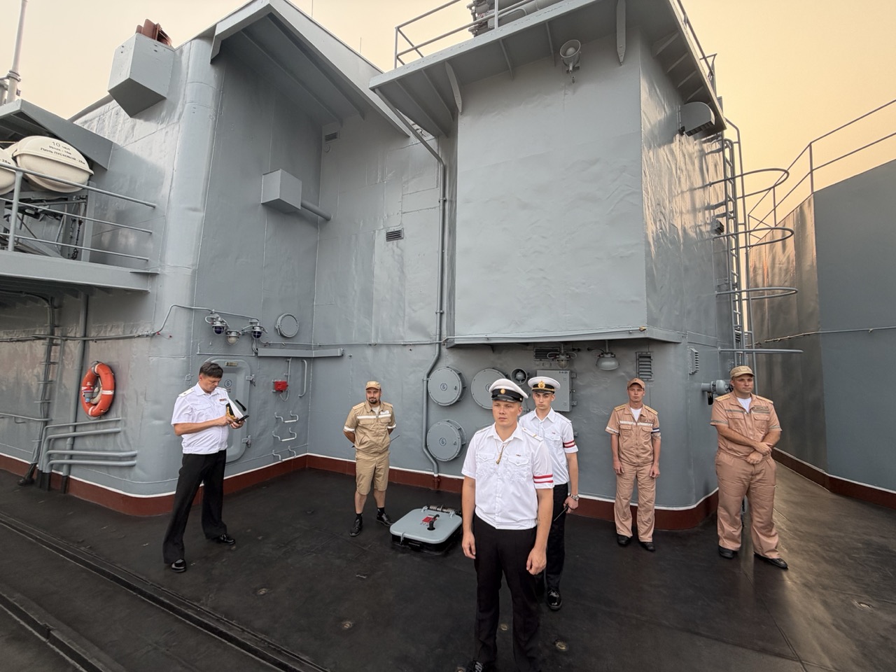 Russian naval personnel aboard a Pacific Fleet warship during Open Ship Day at Tanjung Priok, Jakarta, on October 2, 2026