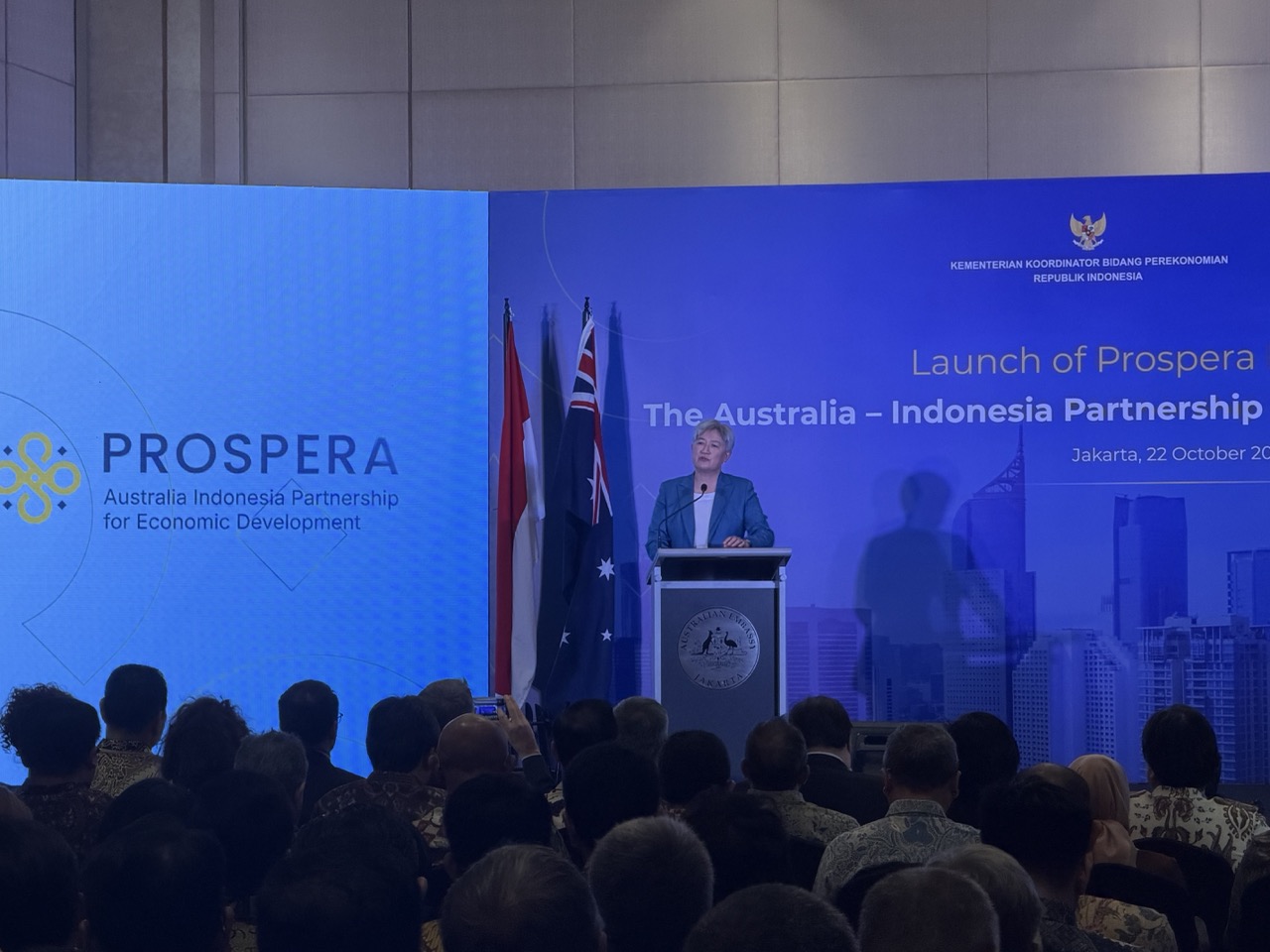 Australian Foreign Minister Penny Wong delivers remarks at the Prospera Phase II launch in Jakarta, October 22, 2026.