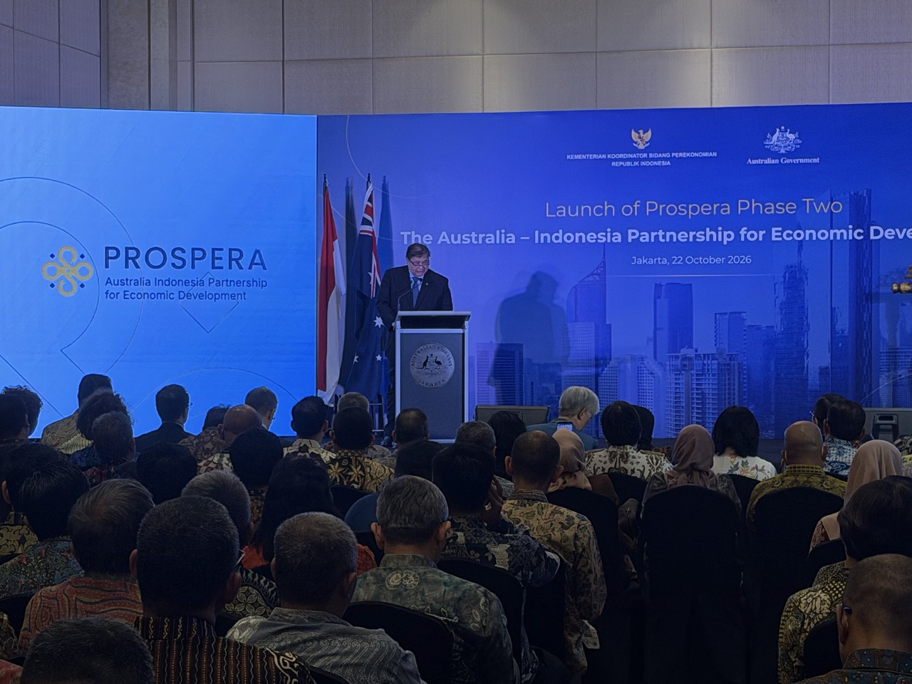 Coordinating Minister for Economic Affairs Airlangga Hartarto delivers remarks at the Prospera Phase II launch in Jakarta, October 22, 2026.