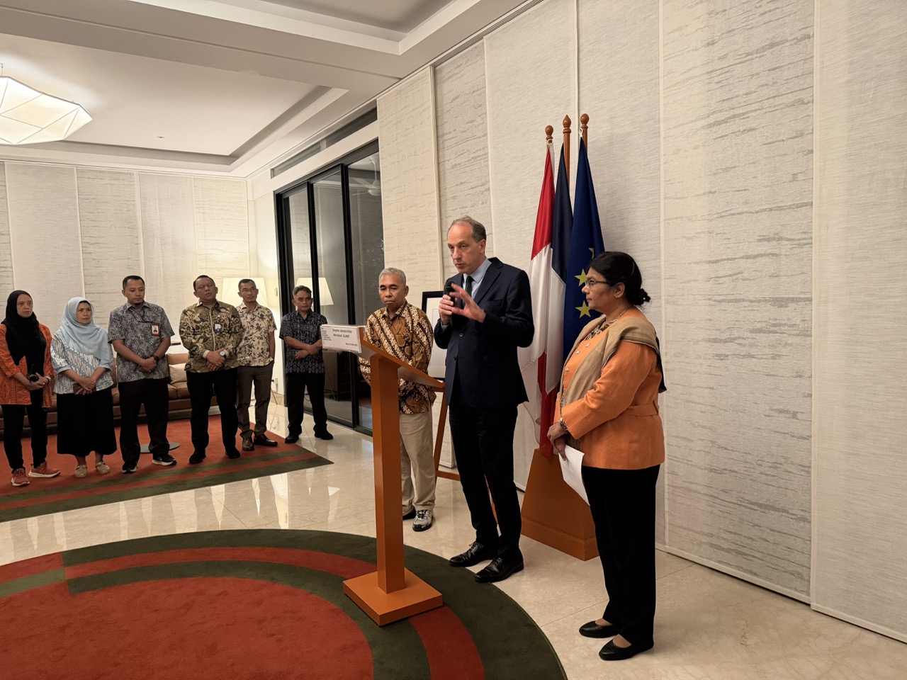 Ambassador Fabien Penone addresses guests at the SELAMAT reception, highlighting France–Indonesia marine research cooperation in Jakarta on October 29, 2026.