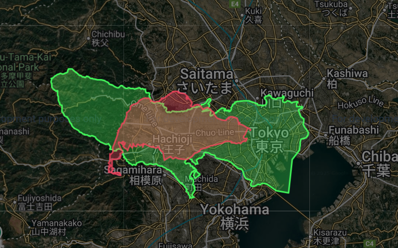 Singapore (red) vs Tokyo (green) size comparison