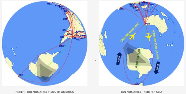 Map depicting planned route of Jakarta - Buenos Aires, via Perth. Image property of Argentine Chamber of Commerce in Australia @ArChamComAu